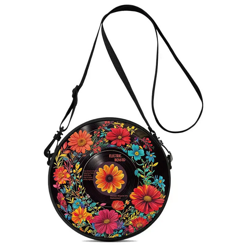 Record Floral Print Round Shoulder Bag Casual Messenger Bag for Woman Best Gifts 2D Flat Casual Daily Crossbody Bag Accessories