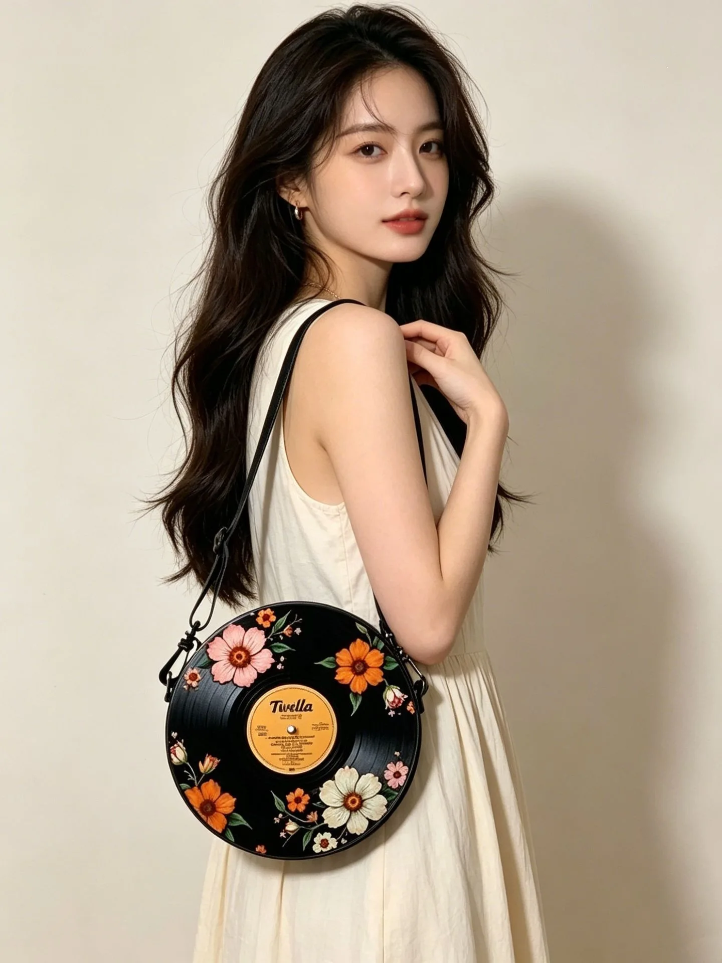 Record Floral Print Round Shoulder Bag Casual Messenger Bag for Woman Best Gifts 2D Flat Casual Daily Crossbody Bag Accessories