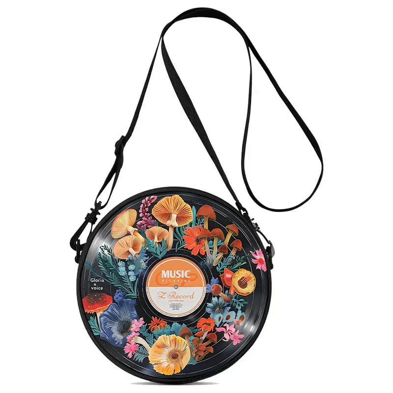 Record Floral Print Round Shoulder Bag Casual Messenger Bag for Woman Best Gifts 2D Flat Casual Daily Crossbody Bag Accessories