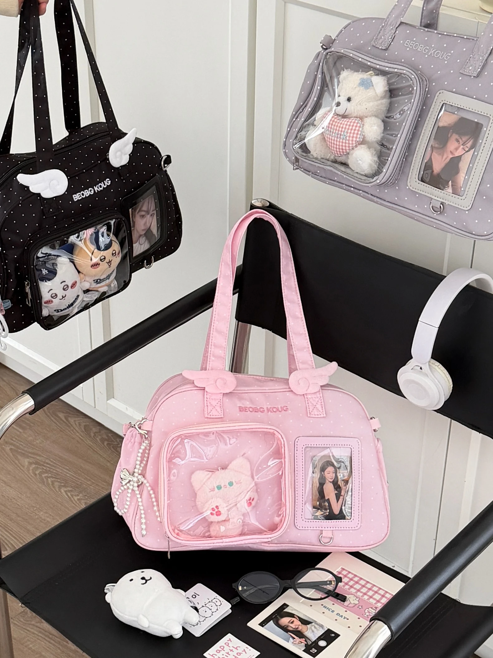 Minimalist Solid Color Ita Bag Polka Dot Wing Decor Shoulder Crossbody Bag INS Style Cute Wing Pattern Ita Bag