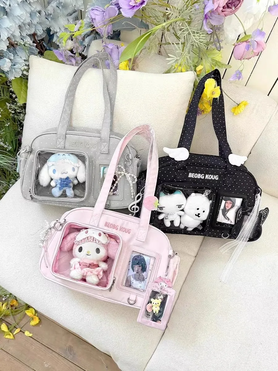 Minimalist Solid Color Ita Bag Polka Dot Wing Decor Shoulder Crossbody Bag INS Style Cute Wing Pattern Ita Bag