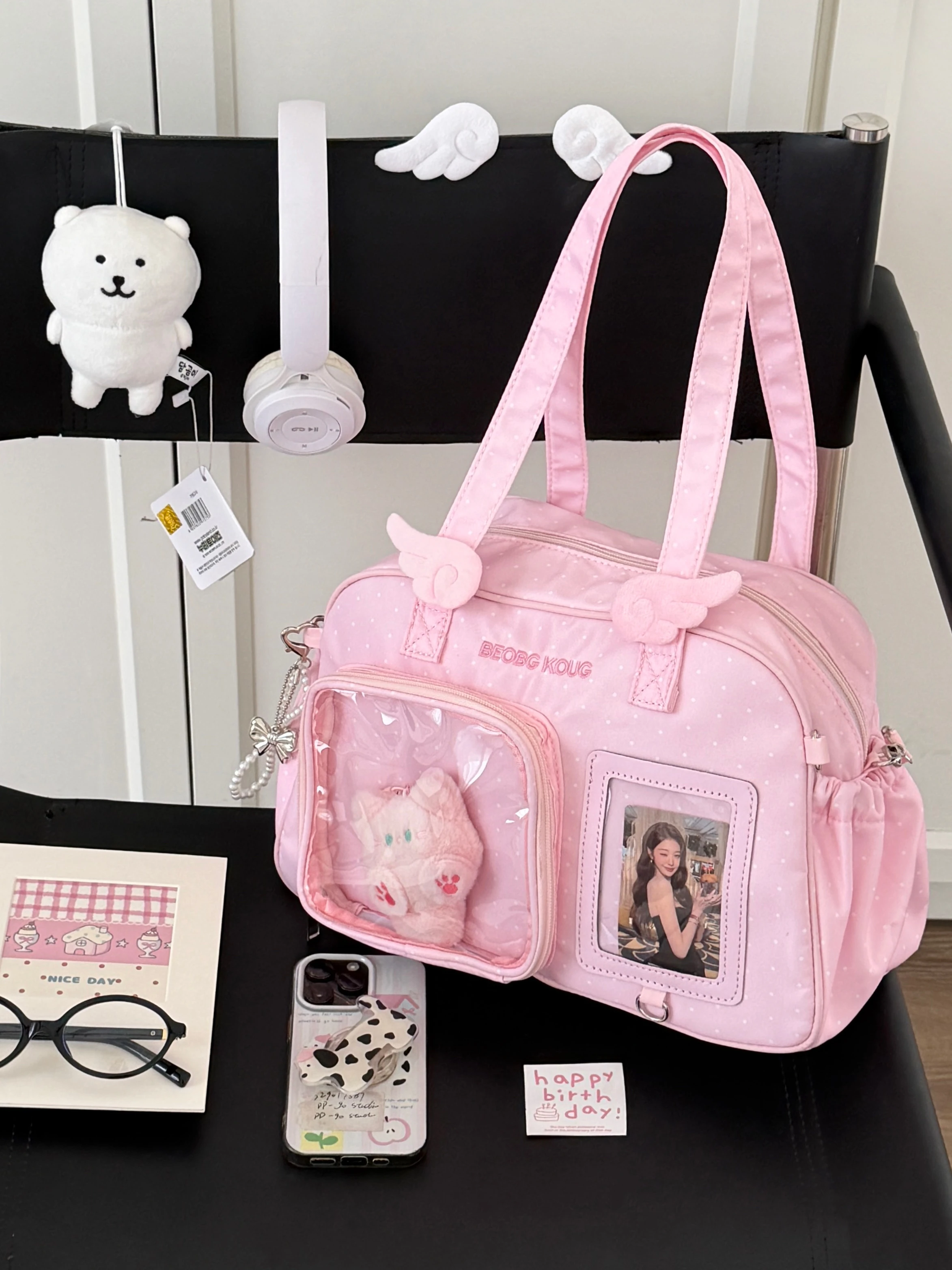 Minimalist Solid Color Ita Bag Polka Dot Wing Decor Shoulder Crossbody Bag INS Style Cute Wing Pattern Ita Bag