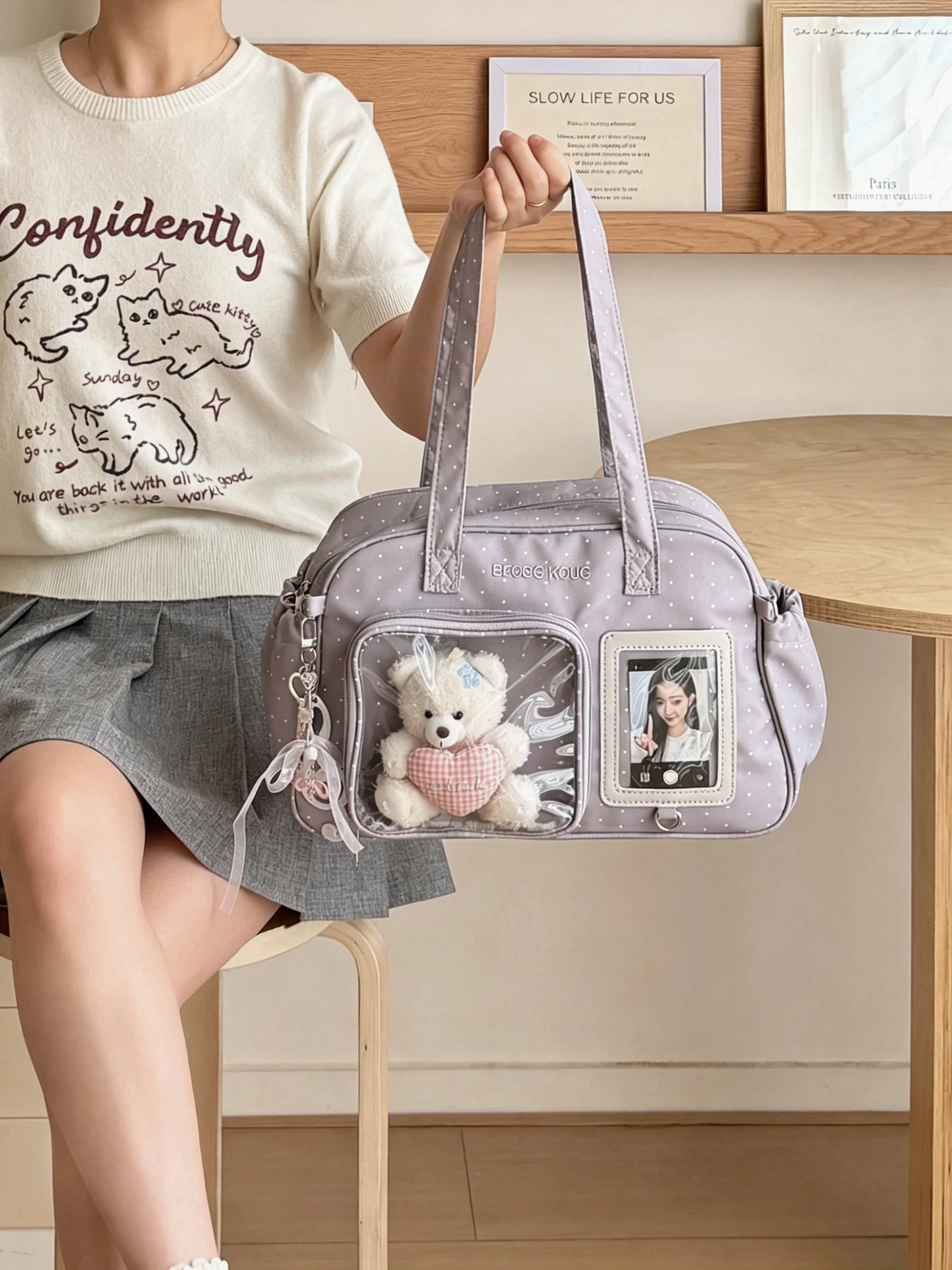Minimalist Solid Color Ita Bag Polka Dot Wing Decor Shoulder Crossbody Bag INS Style Cute Wing Pattern Ita Bag