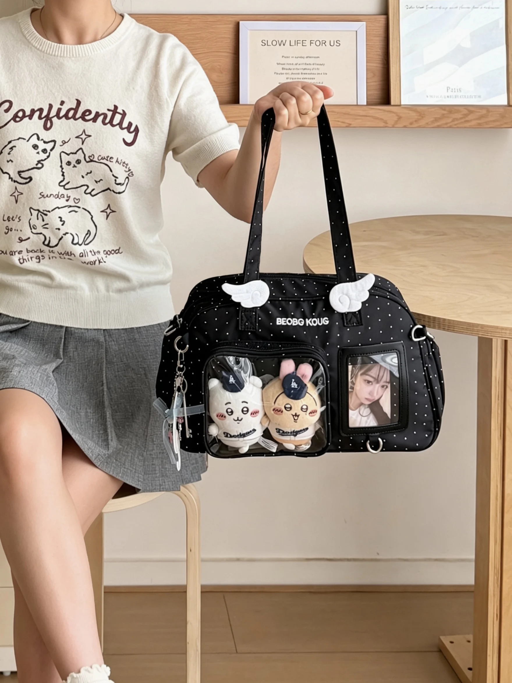 Minimalist Solid Color Ita Bag Polka Dot Wing Decor Shoulder Crossbody Bag INS Style Cute Wing Pattern Ita Bag