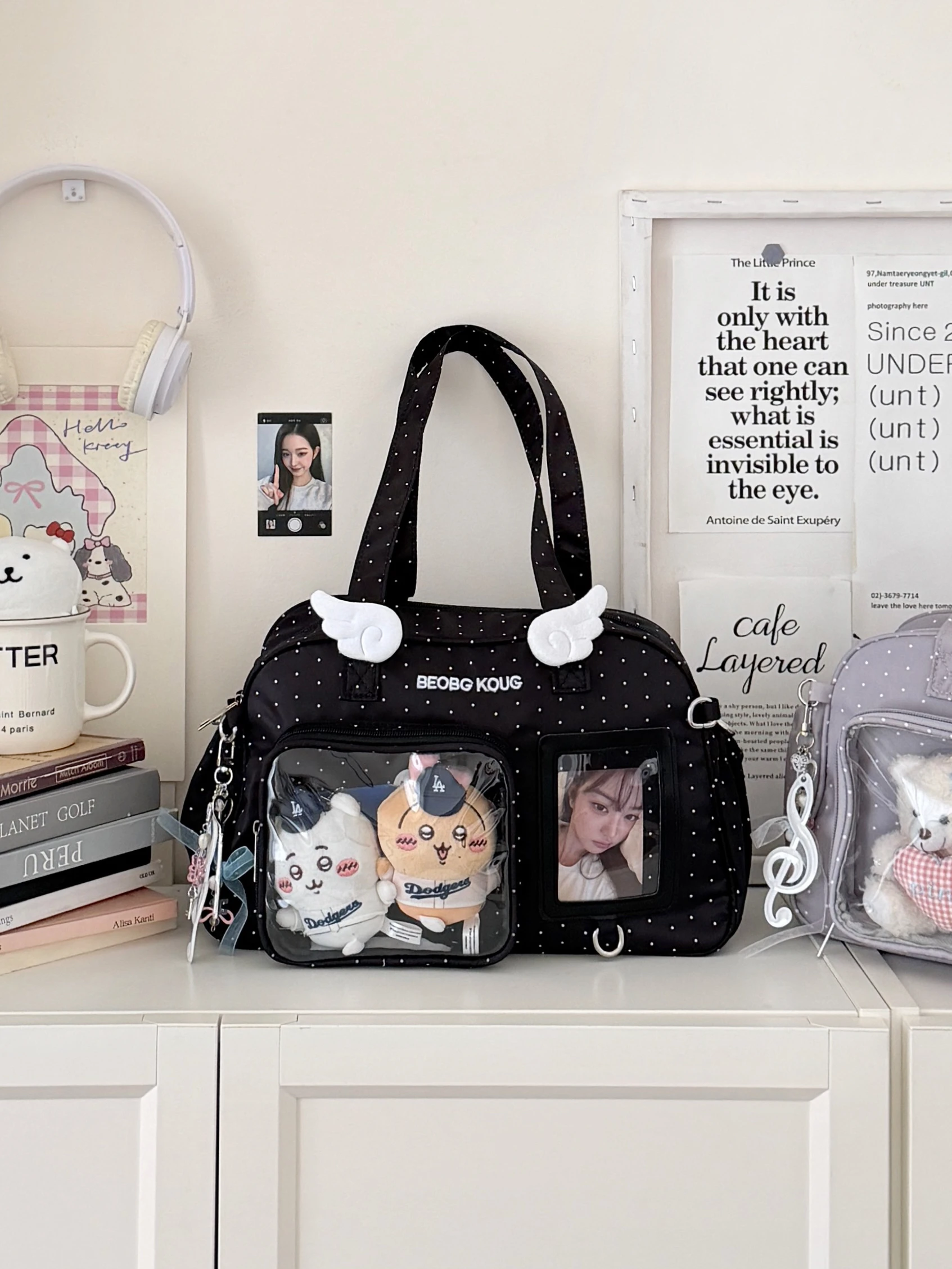 Minimalist Solid Color Ita Bag Polka Dot Wing Decor Shoulder Crossbody Bag INS Style Cute Wing Pattern Ita Bag