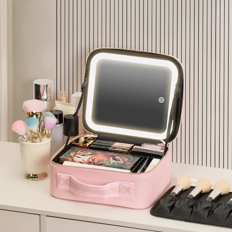 3 Color Train Case Mirror, White Portable Makeup Case Waterproof Organizer with Adjustable Dividers, Cosmetics Storage Case Gift