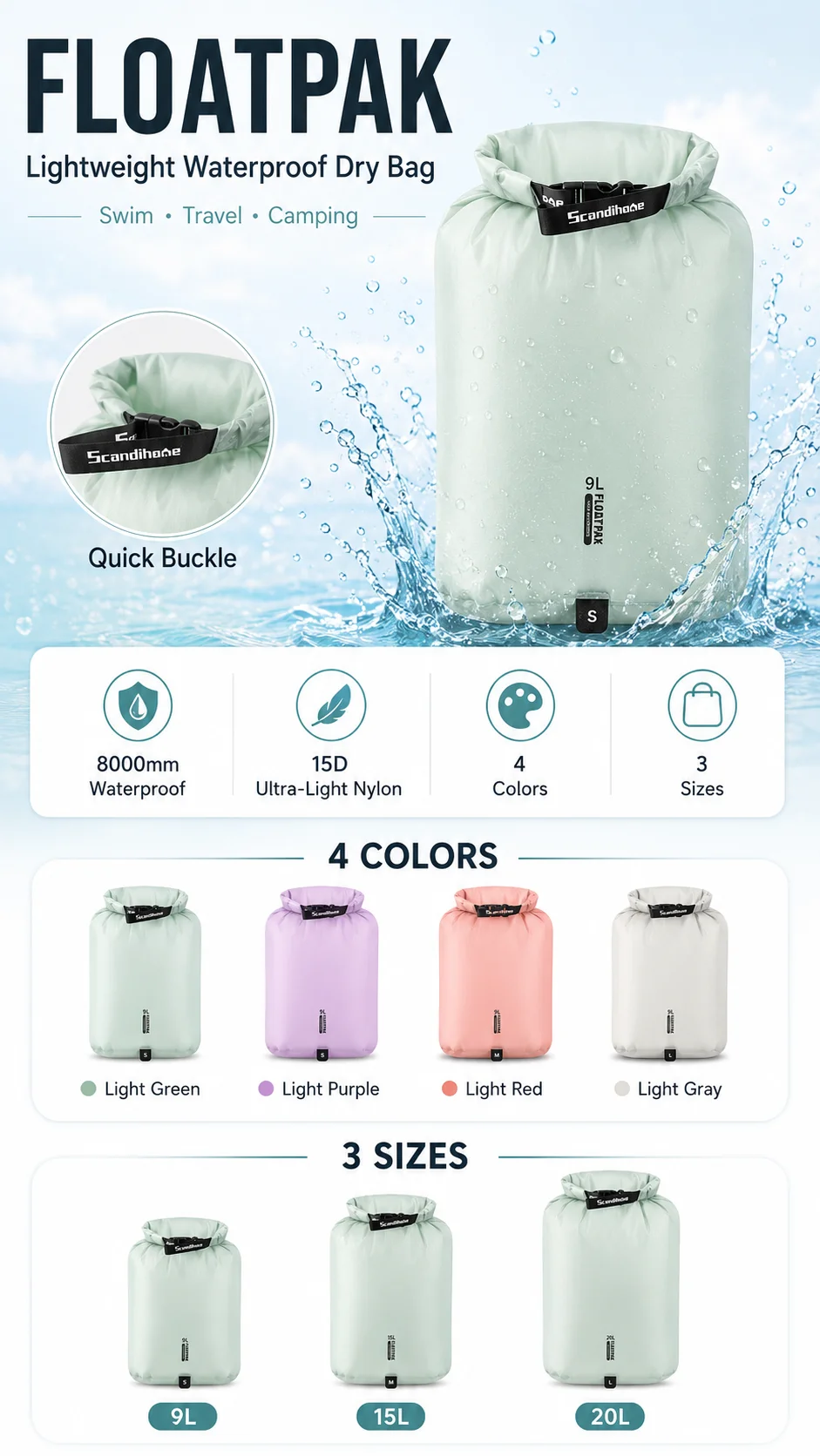 Waterproof Dry Bag Ultralight Clothing Storage Bag Lightweight Roll Top Travel Packing Organizer for Luggage Swimming Outdoor