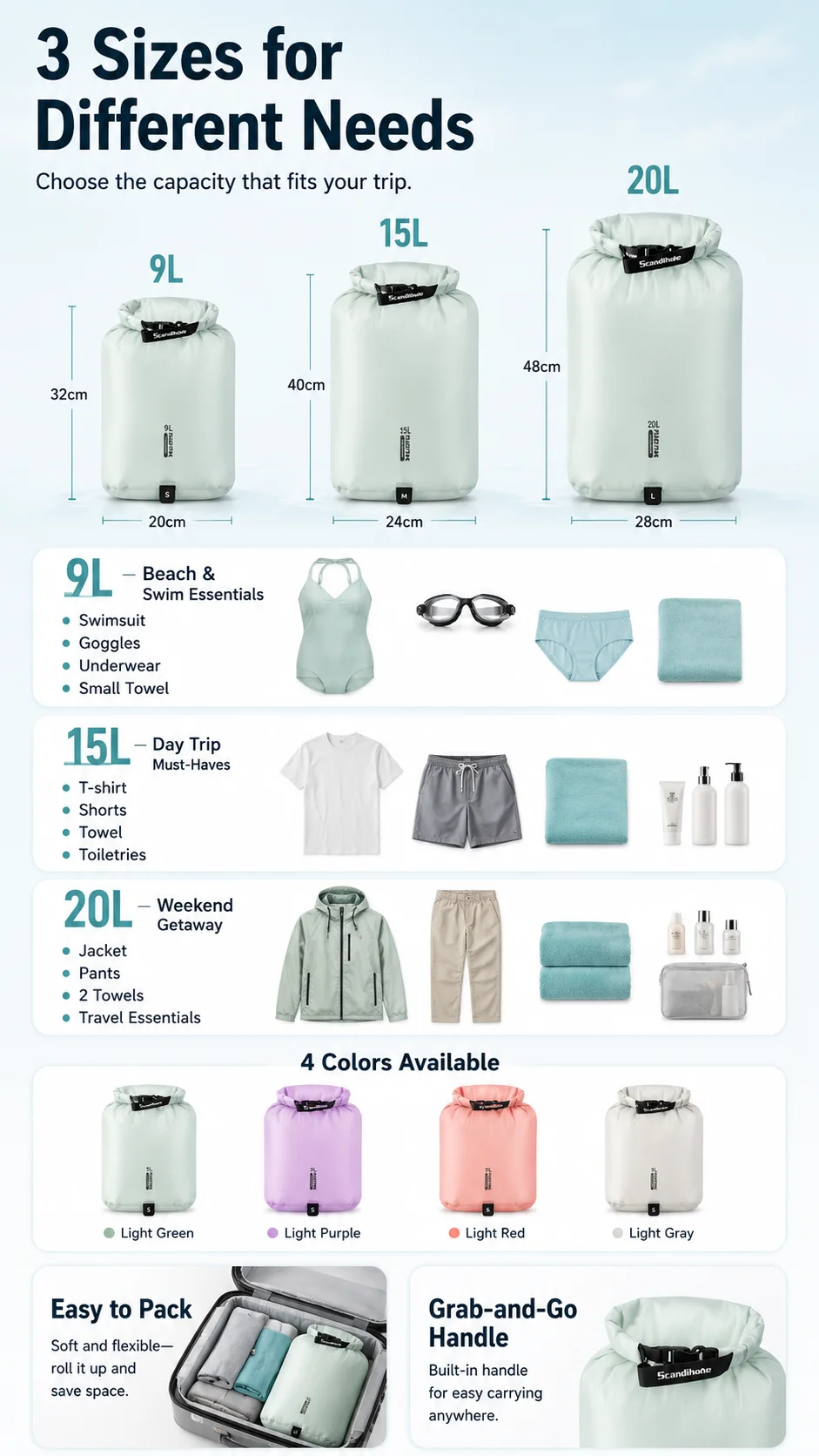 Waterproof Dry Bag Ultralight Clothing Storage Bag Lightweight Roll Top Travel Packing Organizer for Luggage Swimming Outdoor