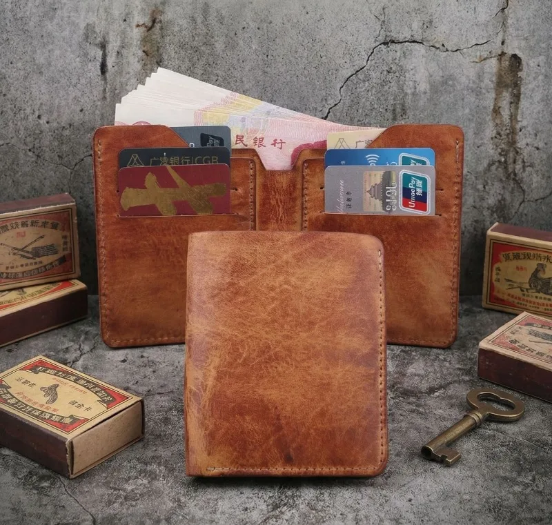 Retro Handcrafted Genuine Leather Small Wallet for Men, Vintage Durable EDC Card Holder, Men Multi-card Slots Organizer Wallet