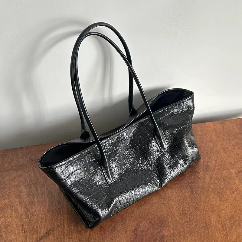PU Soft Leather Women's Shoulder Bag Retro Luxury Crocodile Pattern Tote Bag Simple Elegant Large Capacity Lightweight Handbag