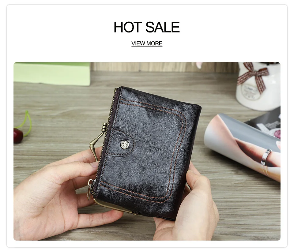 Contact'S Genuine Leather Wallet Women Small Metal Frame Purse Ladies Hasp and Zipper Coin Pocket Credit Card Holder