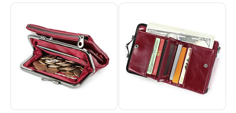Contact'S Genuine Leather Wallet Women Small Metal Frame Purse Ladies Hasp and Zipper Coin Pocket Credit Card Holder