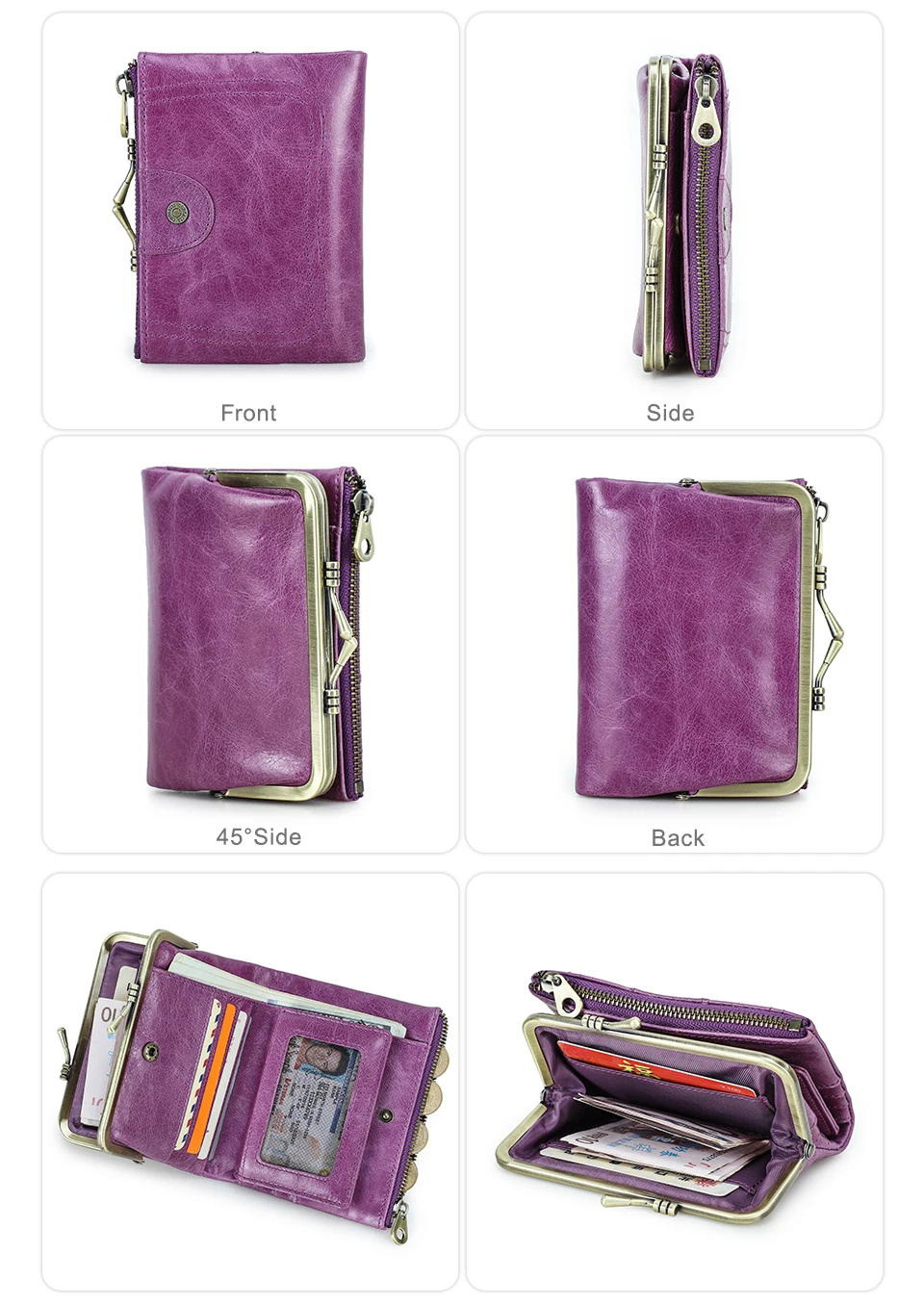 Contact'S Genuine Leather Wallet Women Small Metal Frame Purse Ladies Hasp and Zipper Coin Pocket Credit Card Holder
