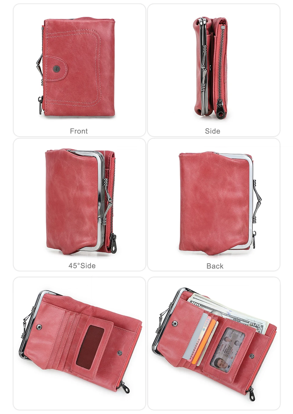 Contact'S Genuine Leather Wallet Women Small Metal Frame Purse Ladies Hasp and Zipper Coin Pocket Credit Card Holder