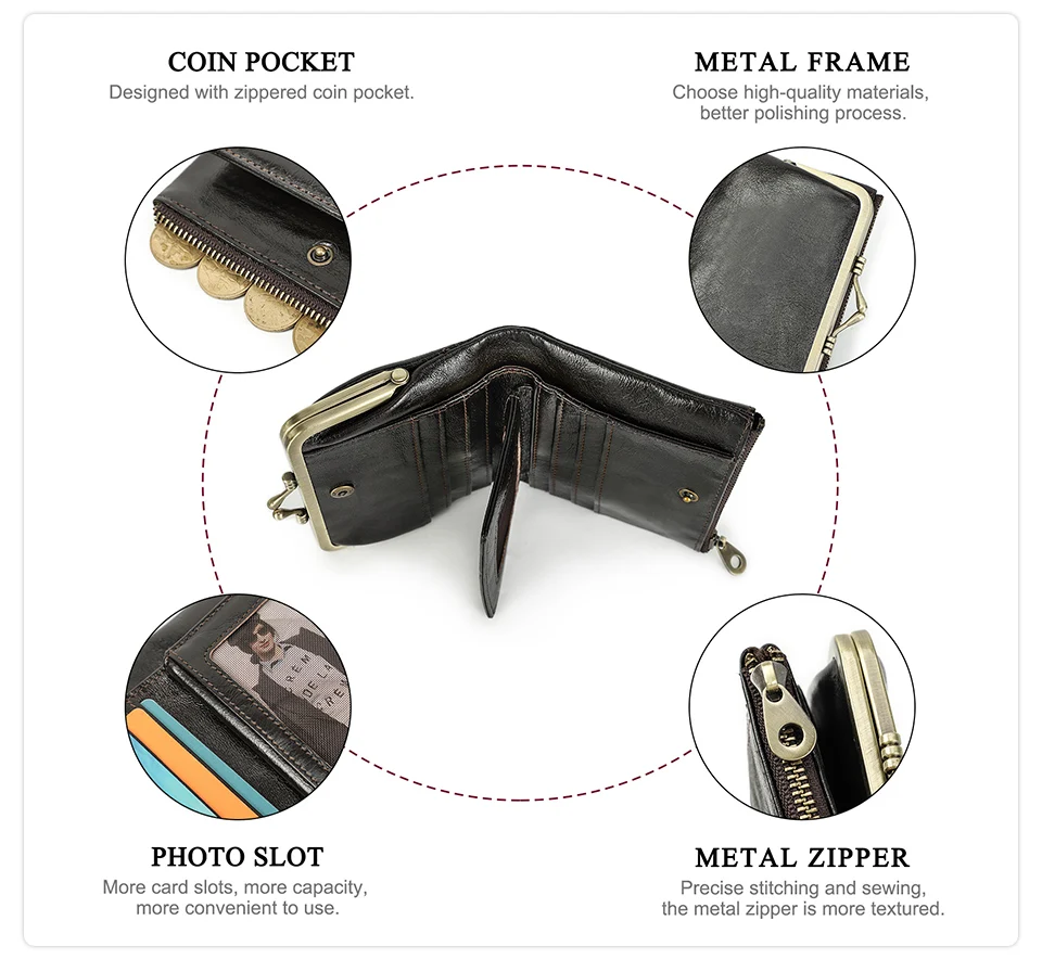 Contact'S Genuine Leather Wallet Women Small Metal Frame Purse Ladies Hasp and Zipper Coin Pocket Credit Card Holder