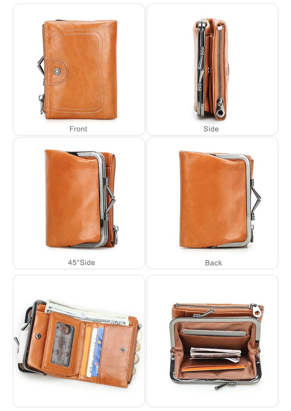 Contact'S Genuine Leather Wallet Women Small Metal Frame Purse Ladies Hasp and Zipper Coin Pocket Credit Card Holder