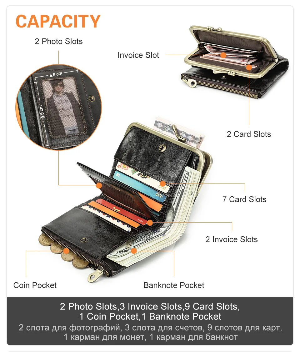 Contact'S Genuine Leather Wallet Women Small Metal Frame Purse Ladies Hasp and Zipper Coin Pocket Credit Card Holder