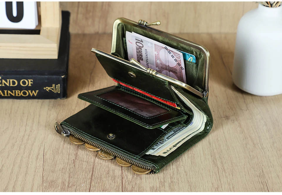 Contact'S Genuine Leather Wallet Women Small Metal Frame Purse Ladies Hasp and Zipper Coin Pocket Credit Card Holder