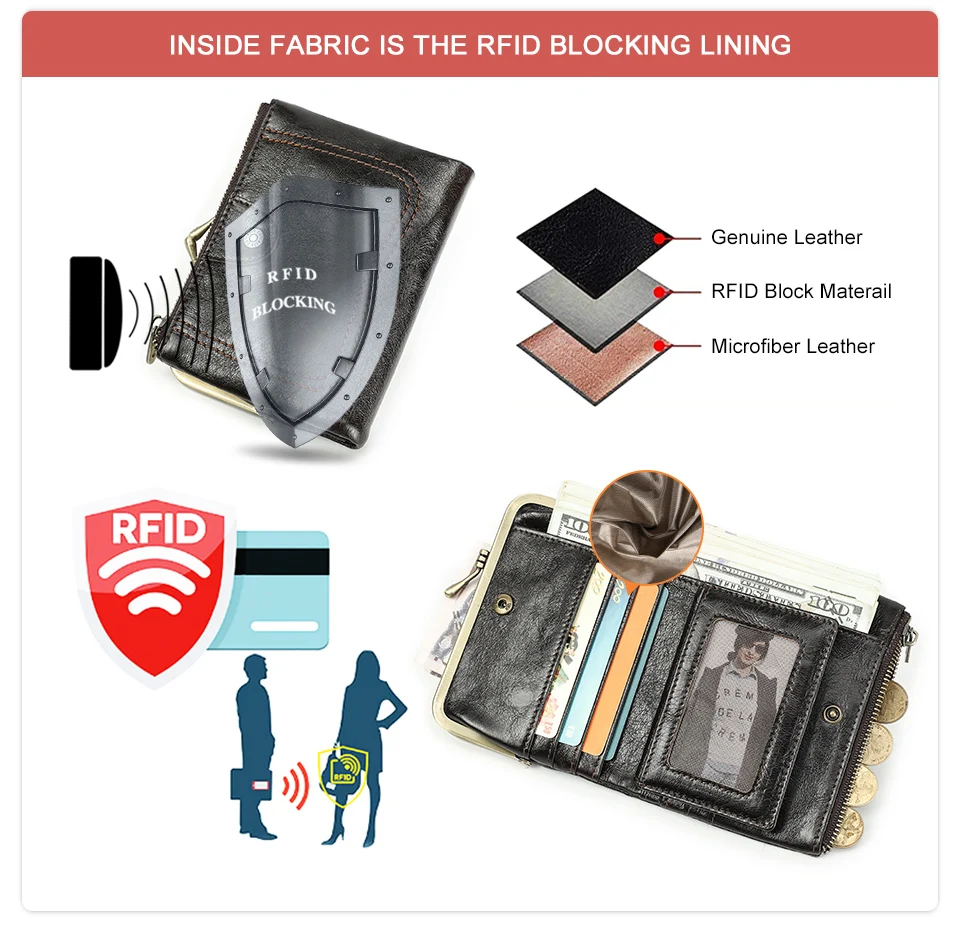 Contact'S Genuine Leather Wallet Women Small Metal Frame Purse Ladies Hasp and Zipper Coin Pocket Credit Card Holder