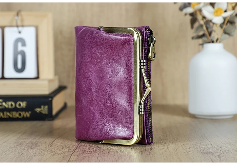 Contact'S Genuine Leather Wallet Women Small Metal Frame Purse Ladies Hasp and Zipper Coin Pocket Credit Card Holder