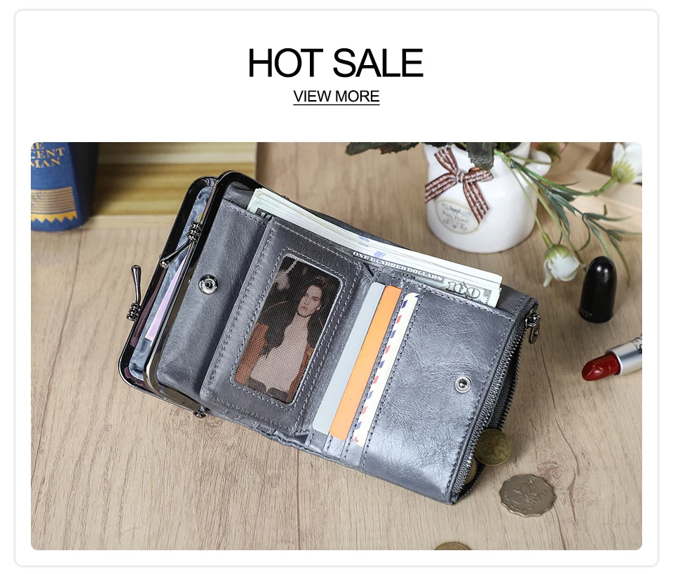 Contact'S Genuine Leather Wallet Women Small Metal Frame Purse Ladies Hasp and Zipper Coin Pocket Credit Card Holder
