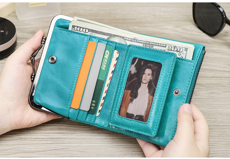Contact'S Genuine Leather Wallet Women Small Metal Frame Purse Ladies Hasp and Zipper Coin Pocket Credit Card Holder