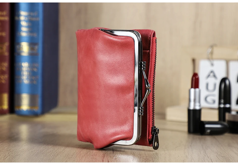 Contact'S Genuine Leather Wallet Women Small Metal Frame Purse Ladies Hasp and Zipper Coin Pocket Credit Card Holder