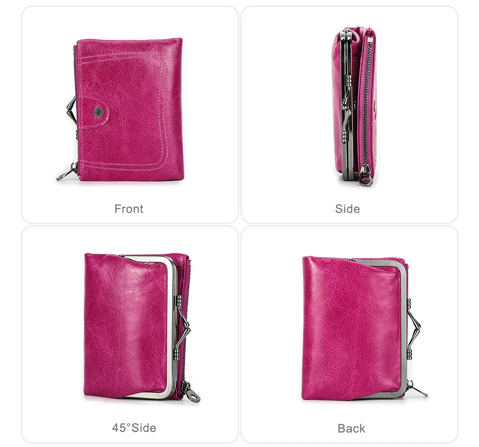 Contact'S Genuine Leather Wallet Women Small Metal Frame Purse Ladies Hasp and Zipper Coin Pocket Credit Card Holder