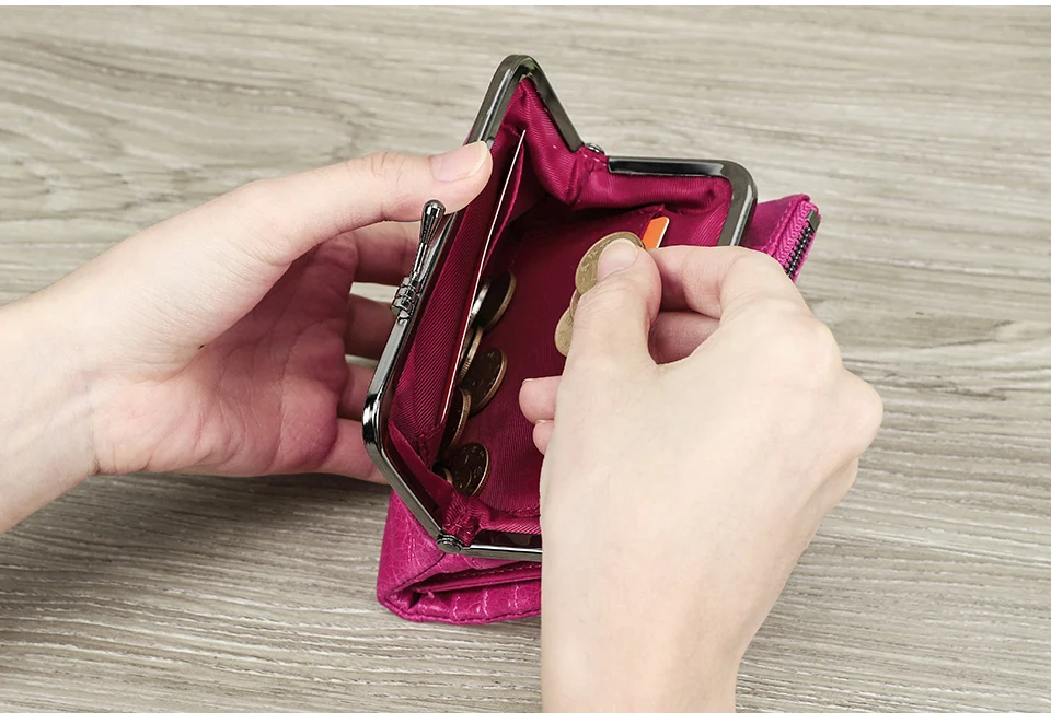Contact'S Genuine Leather Wallet Women Small Metal Frame Purse Ladies Hasp and Zipper Coin Pocket Credit Card Holder
