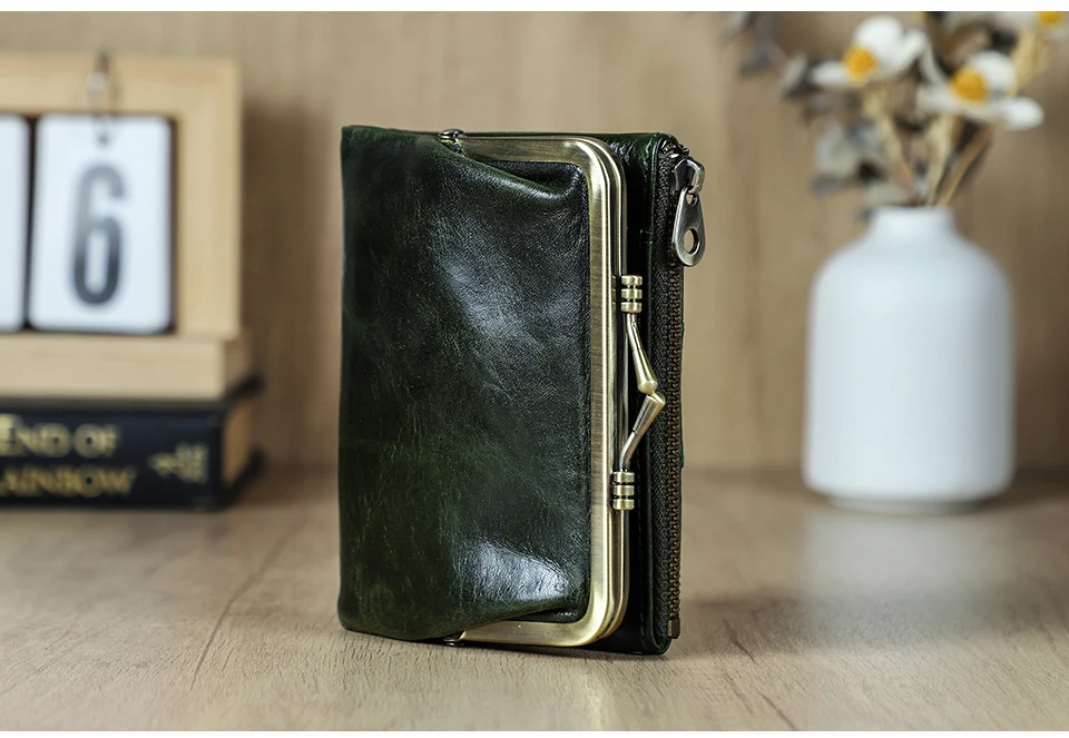Contact'S Genuine Leather Wallet Women Small Metal Frame Purse Ladies Hasp and Zipper Coin Pocket Credit Card Holder