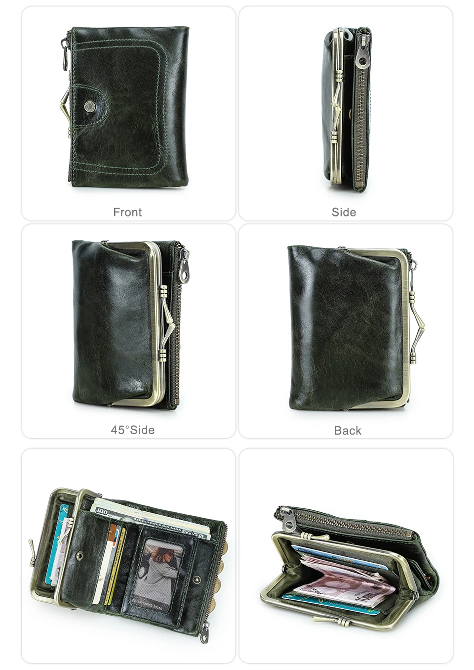 Contact'S Genuine Leather Wallet Women Small Metal Frame Purse Ladies Hasp and Zipper Coin Pocket Credit Card Holder