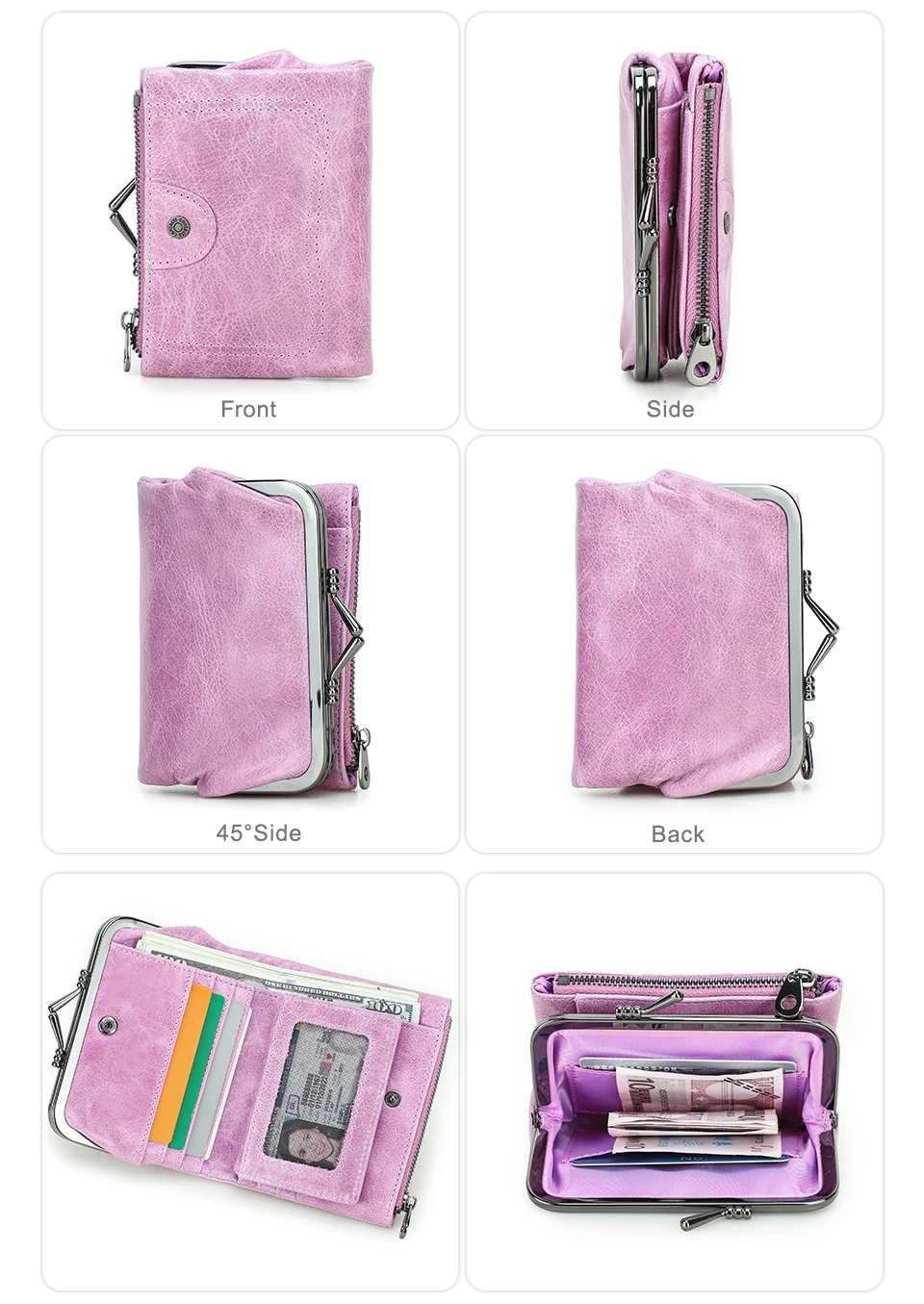Contact'S Genuine Leather Wallet Women Small Metal Frame Purse Ladies Hasp and Zipper Coin Pocket Credit Card Holder
