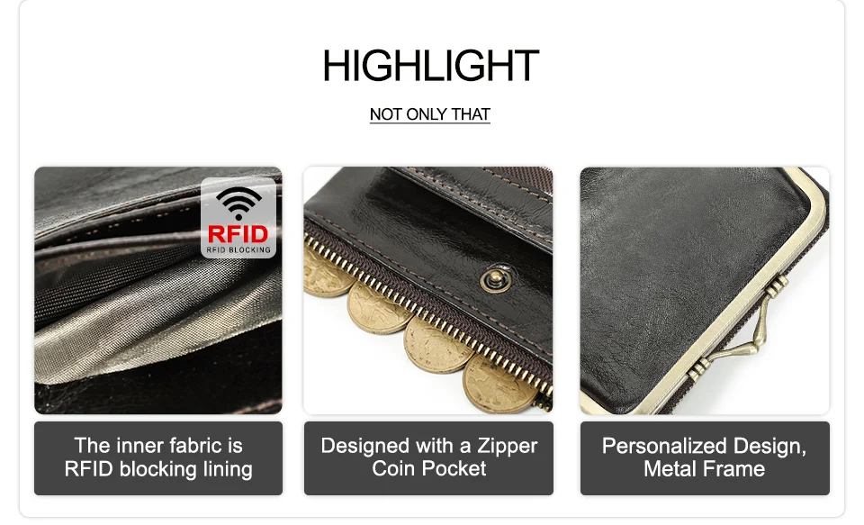 Contact'S Genuine Leather Wallet Women Small Metal Frame Purse Ladies Hasp and Zipper Coin Pocket Credit Card Holder