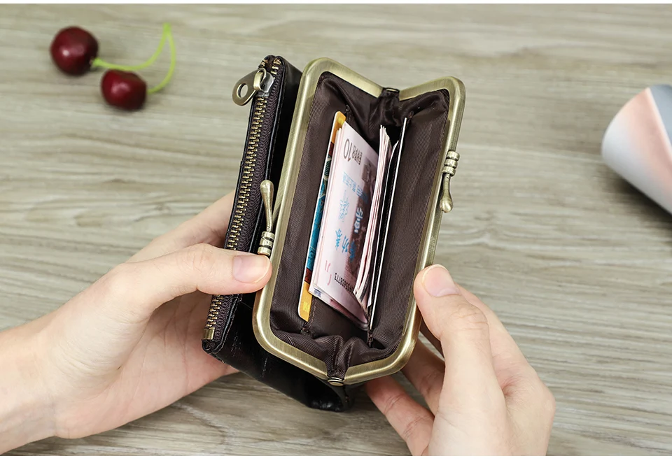 Contact'S Genuine Leather Wallet Women Small Metal Frame Purse Ladies Hasp and Zipper Coin Pocket Credit Card Holder