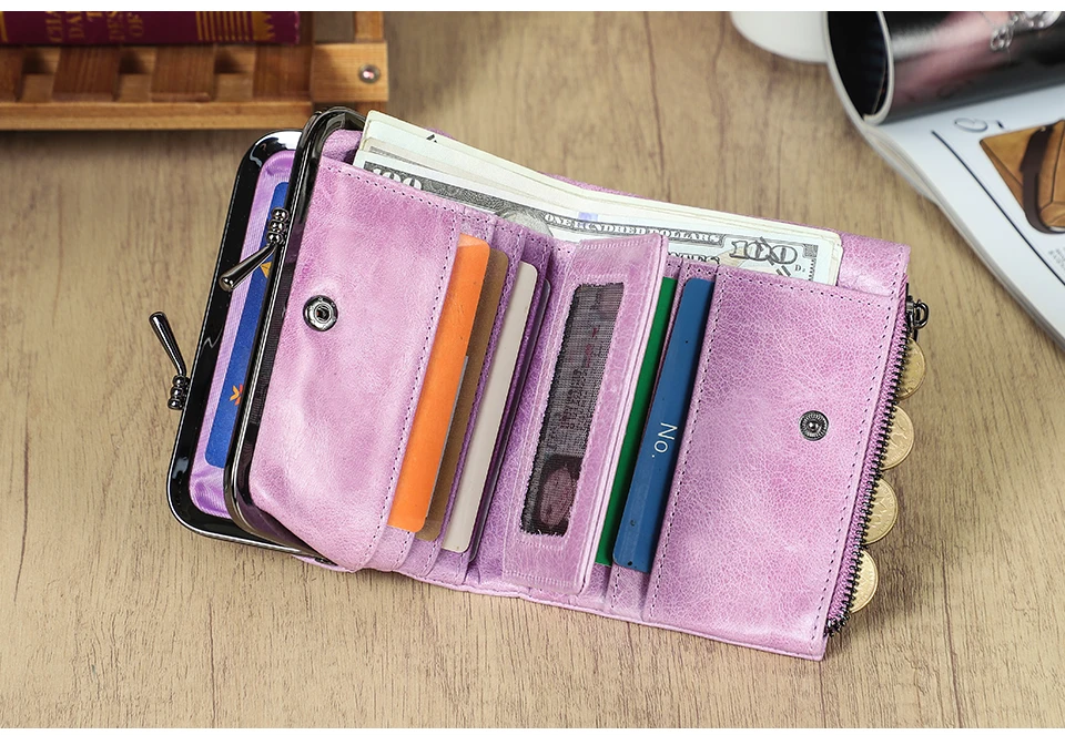 Contact'S Genuine Leather Wallet Women Small Metal Frame Purse Ladies Hasp and Zipper Coin Pocket Credit Card Holder