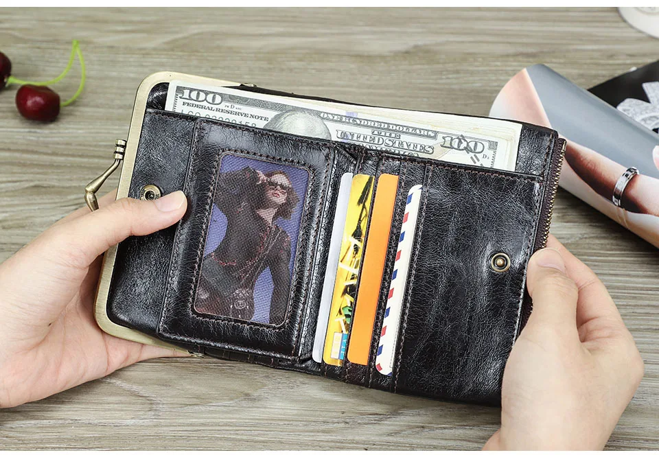 Contact'S Genuine Leather Wallet Women Small Metal Frame Purse Ladies Hasp and Zipper Coin Pocket Credit Card Holder