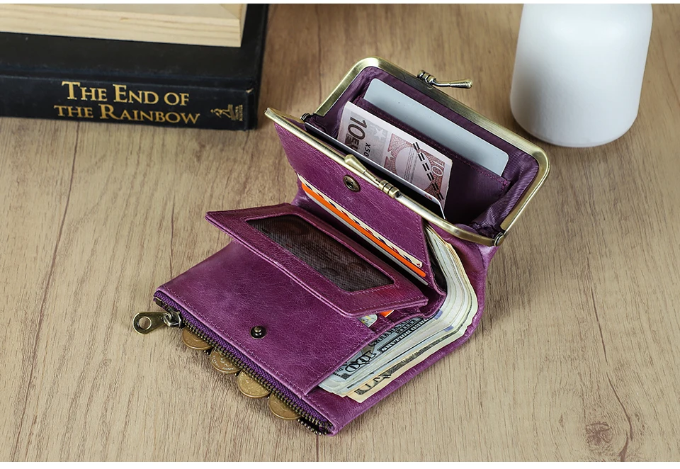Contact'S Genuine Leather Wallet Women Small Metal Frame Purse Ladies Hasp and Zipper Coin Pocket Credit Card Holder