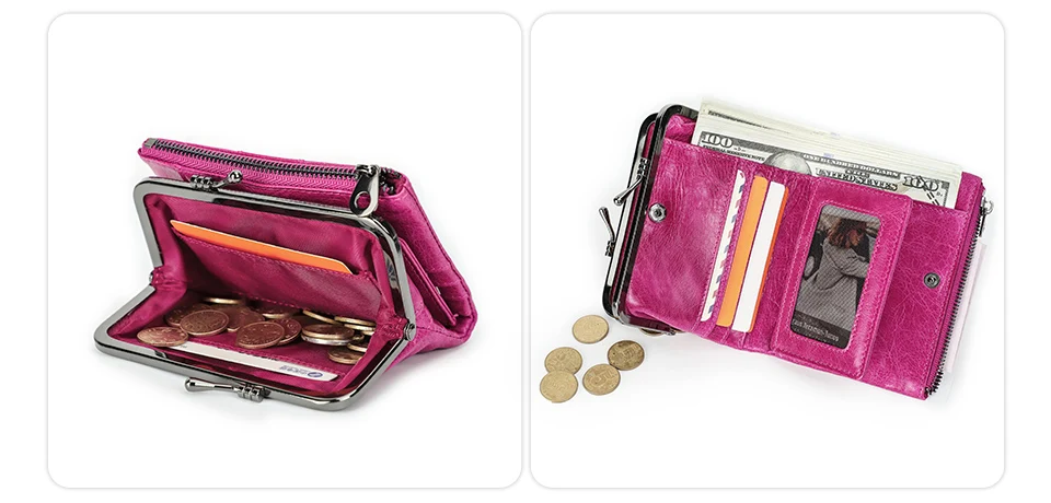 Contact'S Genuine Leather Wallet Women Small Metal Frame Purse Ladies Hasp and Zipper Coin Pocket Credit Card Holder