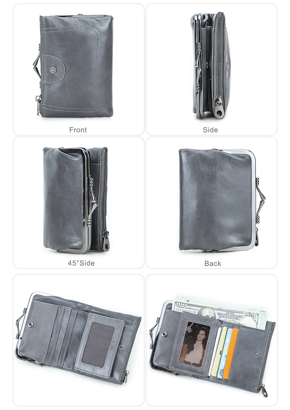 Contact'S Genuine Leather Wallet Women Small Metal Frame Purse Ladies Hasp and Zipper Coin Pocket Credit Card Holder