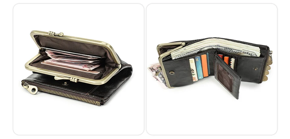 Contact'S Genuine Leather Wallet Women Small Metal Frame Purse Ladies Hasp and Zipper Coin Pocket Credit Card Holder