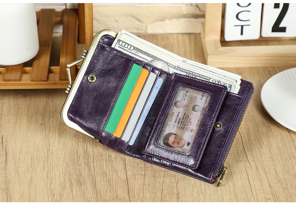 Contact'S Genuine Leather Wallet Women Small Metal Frame Purse Ladies Hasp and Zipper Coin Pocket Credit Card Holder