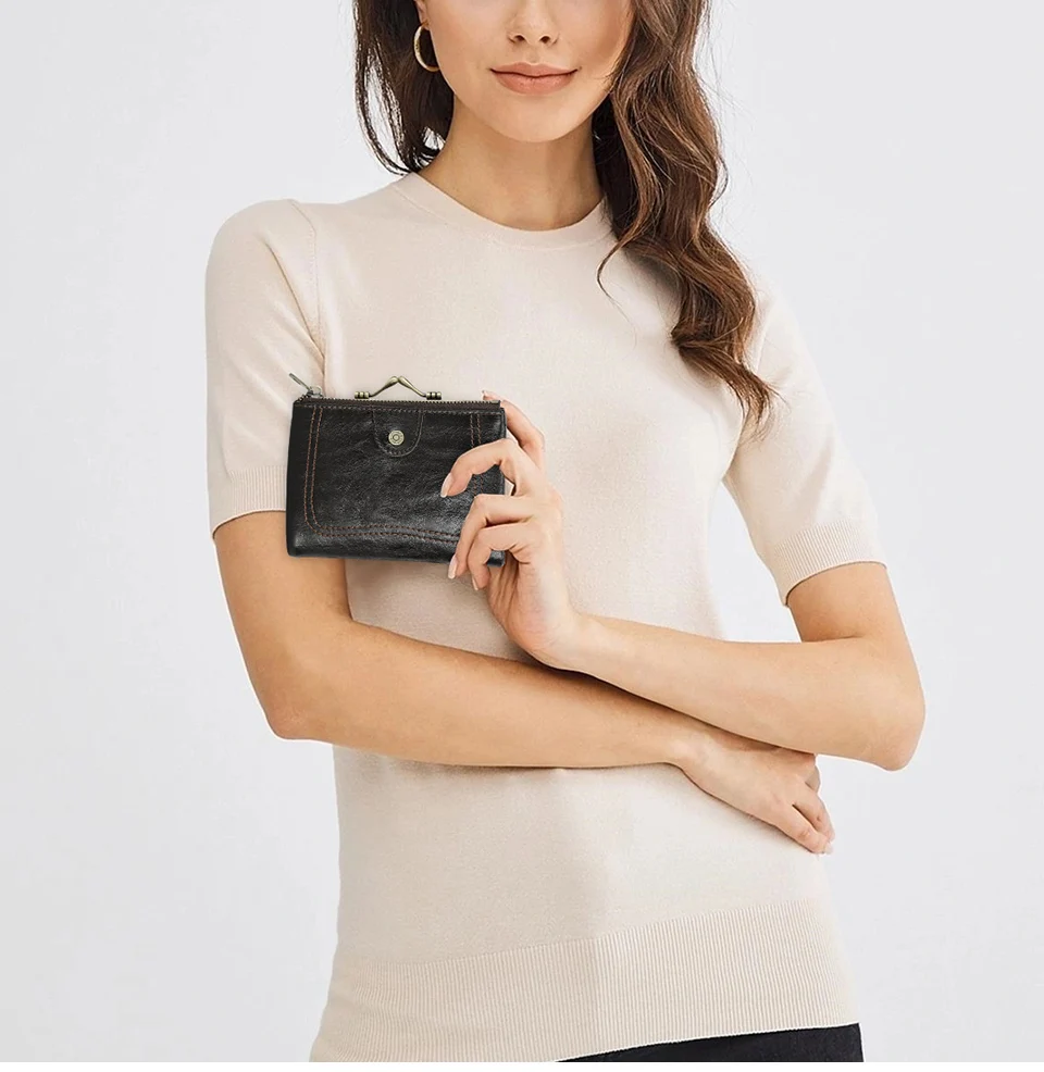 Contact'S Genuine Leather Wallet Women Small Metal Frame Purse Ladies Hasp and Zipper Coin Pocket Credit Card Holder