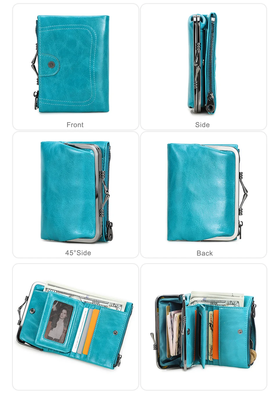 Contact'S Genuine Leather Wallet Women Small Metal Frame Purse Ladies Hasp and Zipper Coin Pocket Credit Card Holder