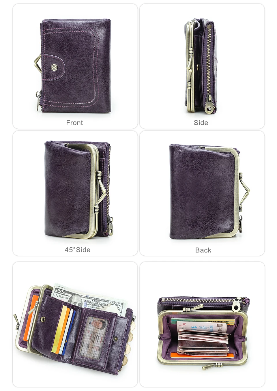 Contact'S Genuine Leather Wallet Women Small Metal Frame Purse Ladies Hasp and Zipper Coin Pocket Credit Card Holder