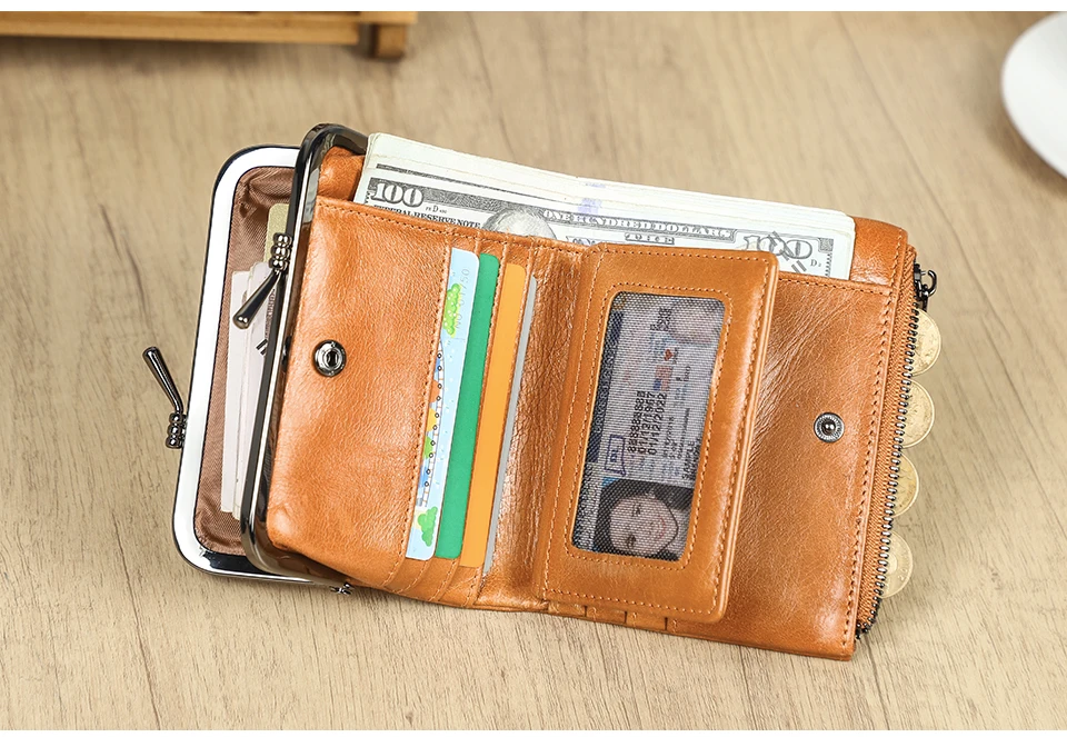 Contact'S Genuine Leather Wallet Women Small Metal Frame Purse Ladies Hasp and Zipper Coin Pocket Credit Card Holder