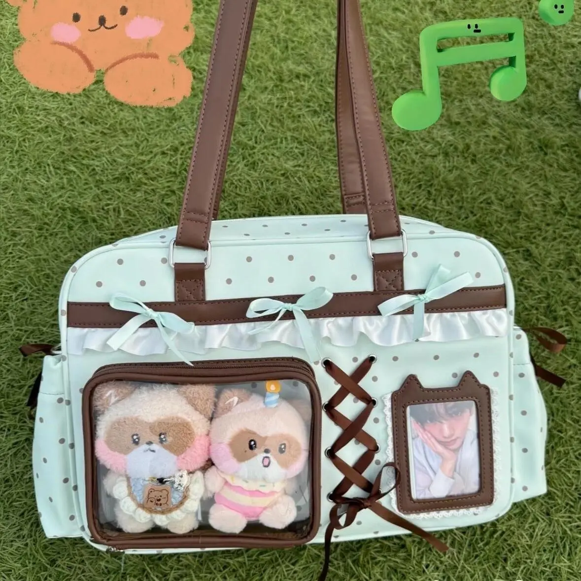 Sweet Cute Bow Tote Bag Women Double Layer Large Capacity Pin Doll Display Ita Bag Ladies Green Polka Dot Harajuku Shoulder Bags