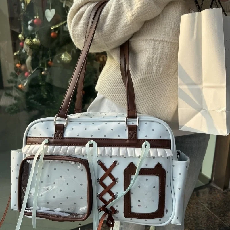 Sweet Cute Bow Tote Bag Women Double Layer Large Capacity Pin Doll Display Ita Bag Ladies Green Polka Dot Harajuku Shoulder Bags