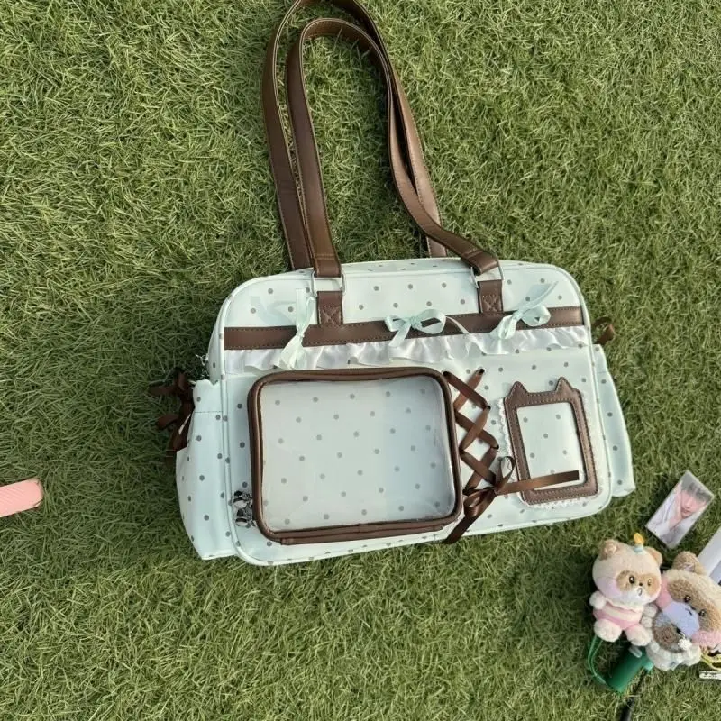 Sweet Cute Bow Tote Bag Women Double Layer Large Capacity Pin Doll Display Ita Bag Ladies Green Polka Dot Harajuku Shoulder Bags