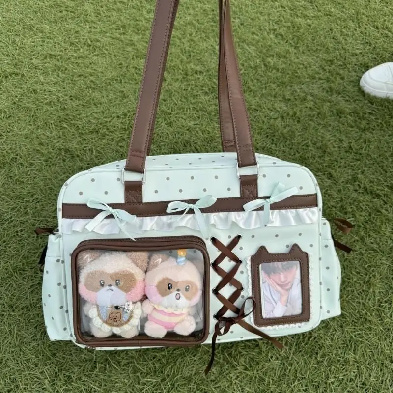 Sweet Cute Bow Tote Bag Women Double Layer Large Capacity Pin Doll Display Ita Bag Ladies Green Polka Dot Harajuku Shoulder Bags