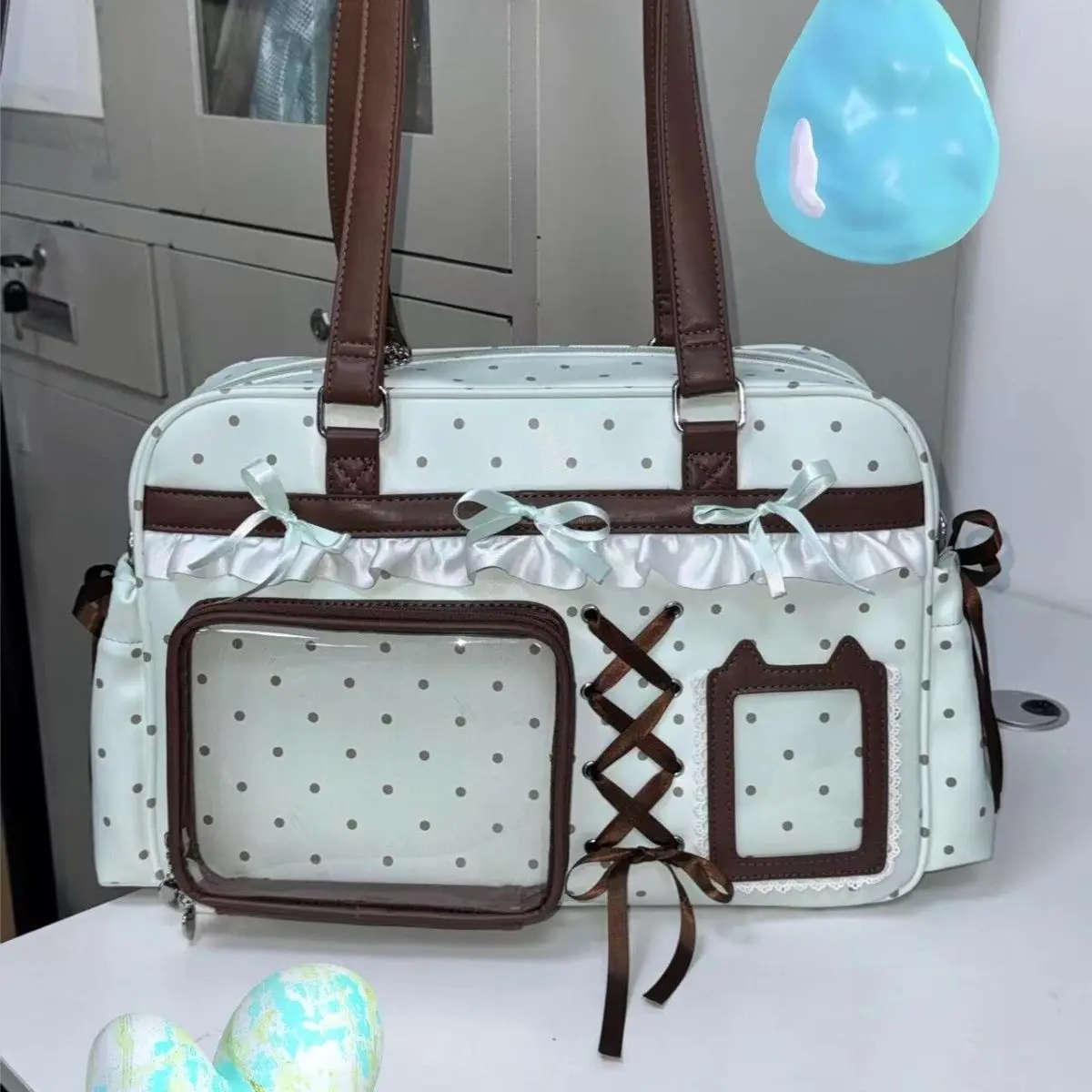 Sweet Cute Bow Tote Bag Women Double Layer Large Capacity Pin Doll Display Ita Bag Ladies Green Polka Dot Harajuku Shoulder Bags